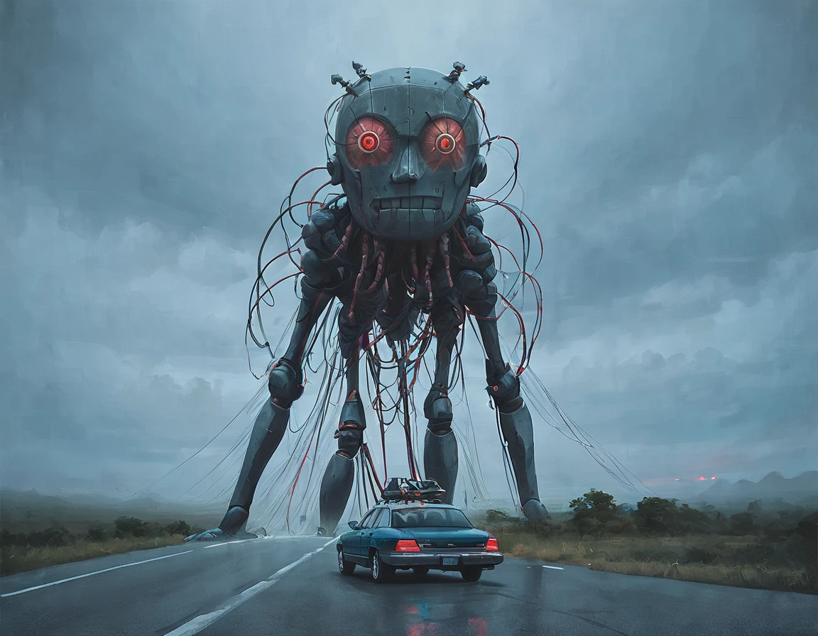 ssta, road, car with canoe, tall mech with toy face, wires, smaller mech drone people with glowing red eyes, jesus christ, arrodillado orando a los cielos, frente a un hermoso orisonte