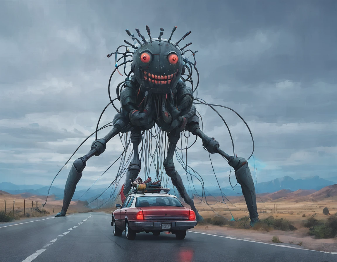 ssta, road, car with canoe, tall mech with toy face, wires, smaller mech drone people with glowing red eyes, jesus christ, arrodillado orando a los cielos, frente a un hermoso orisonte