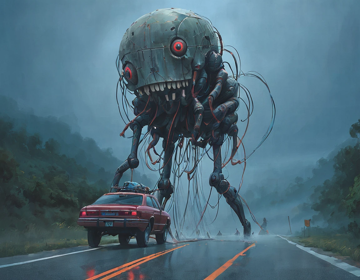 ssta, road, car with canoe, tall mech with toy face, wires, smaller mech drone people with glowing red eyes, jesus christ, arrodillado orando a los cielos, frente a un hermoso orisonte