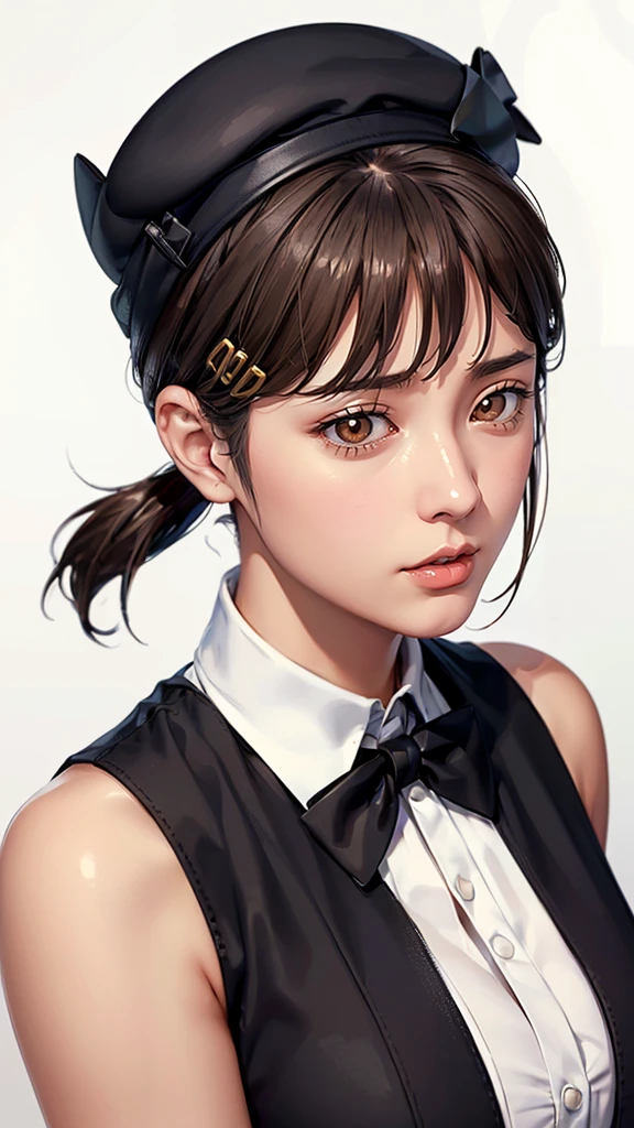 (((Perfect body,White and tender skin,(((Black strap dress, black long bow tie, white lining, black hat))),(((kobeni higashiyama, black hair, hair ornament, hairclip, ponytail, short hair, (brown eyes:1.5),))),((masterpiece)),highres,((Best quality at best)),masterpiece,quality,Best quality,((( Exquisite facial features,Looking at the audience,There is light in the eyes,(((pain,endure))),))),(((Light and shadow,Huge breasts,))),(((Looking at the camera,White background))))