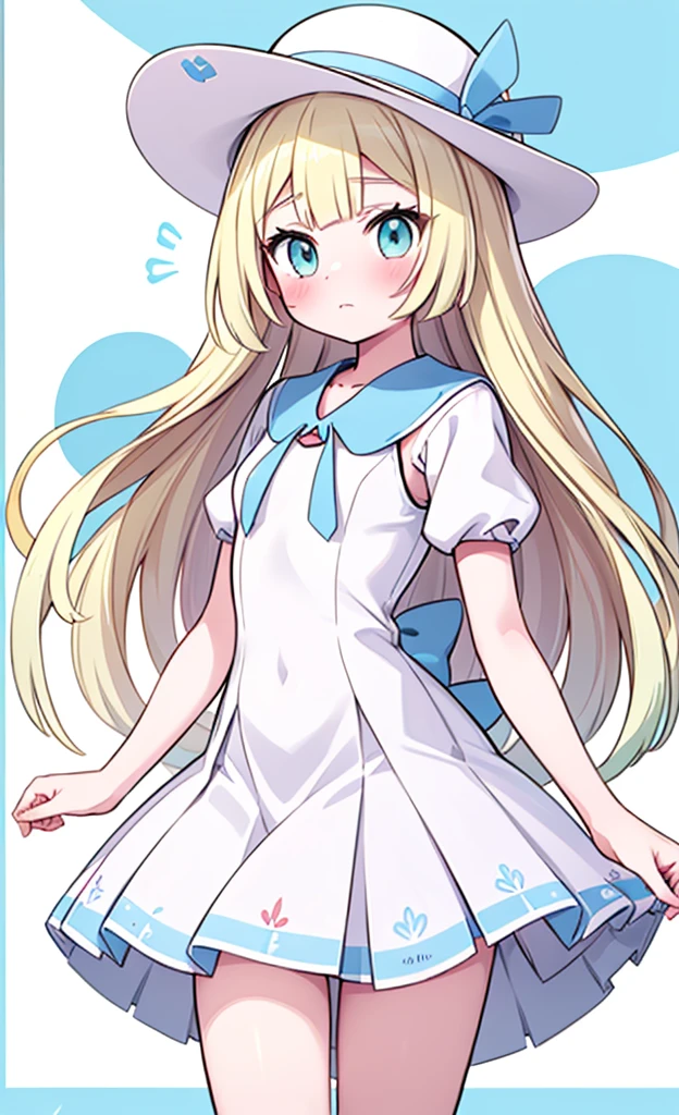 masterpiece,best quality,1 girl,solo,blush with embarrassment,Lillie,Pokémon,White Pleated Dresses,White clothes with light blue collar,Pokémon風の画風,(boldline:1.6),(deluster:1.5),(flat:1.5),White wide-brimmed hat with light blue ribbon,