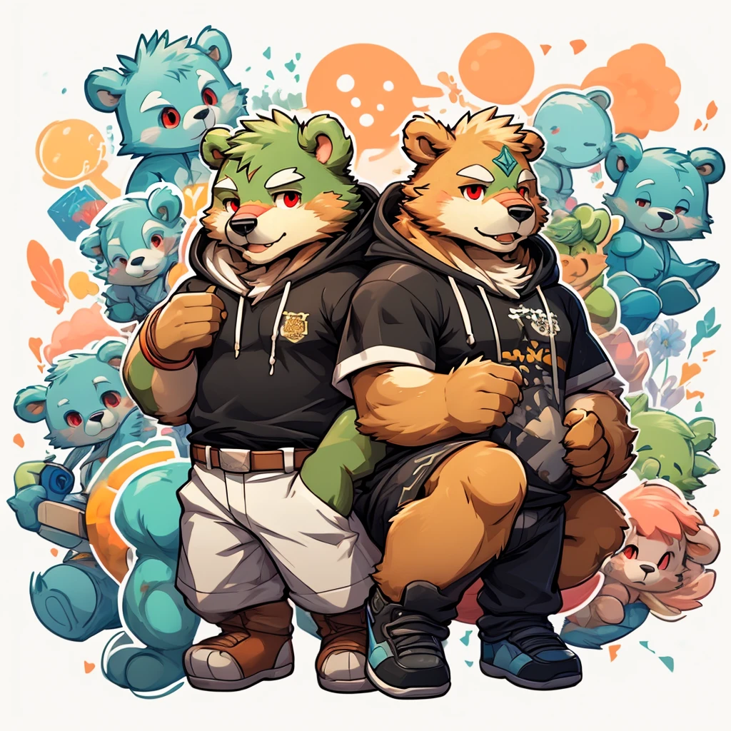 Mouth of Harbour Bay、Cute art logo、rabbitears、circle、(White background)、pastel pink、Pastel Blue、gradients、Minimum and pure — all、It features a simple、ultra-detailliert、Detailed drawing、vectorized、silhuette、8K。(((jinpei))), green bear with white coat and hood and black t-shirt inside and beard and white eyebrows and red eyes,