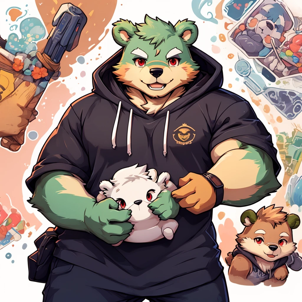 Mouth of Harbour Bay、Cute art logo、rabbitears、circle、(White background)、pastel pink、Pastel Blue、gradients、Minimum and pure — all、It features a simple、ultra-detailliert、Detailed drawing、vectorized、silhuette、8K。(((jinpei))), green bear with white coat and hood and black t-shirt inside and beard and white eyebrows and red eyes,