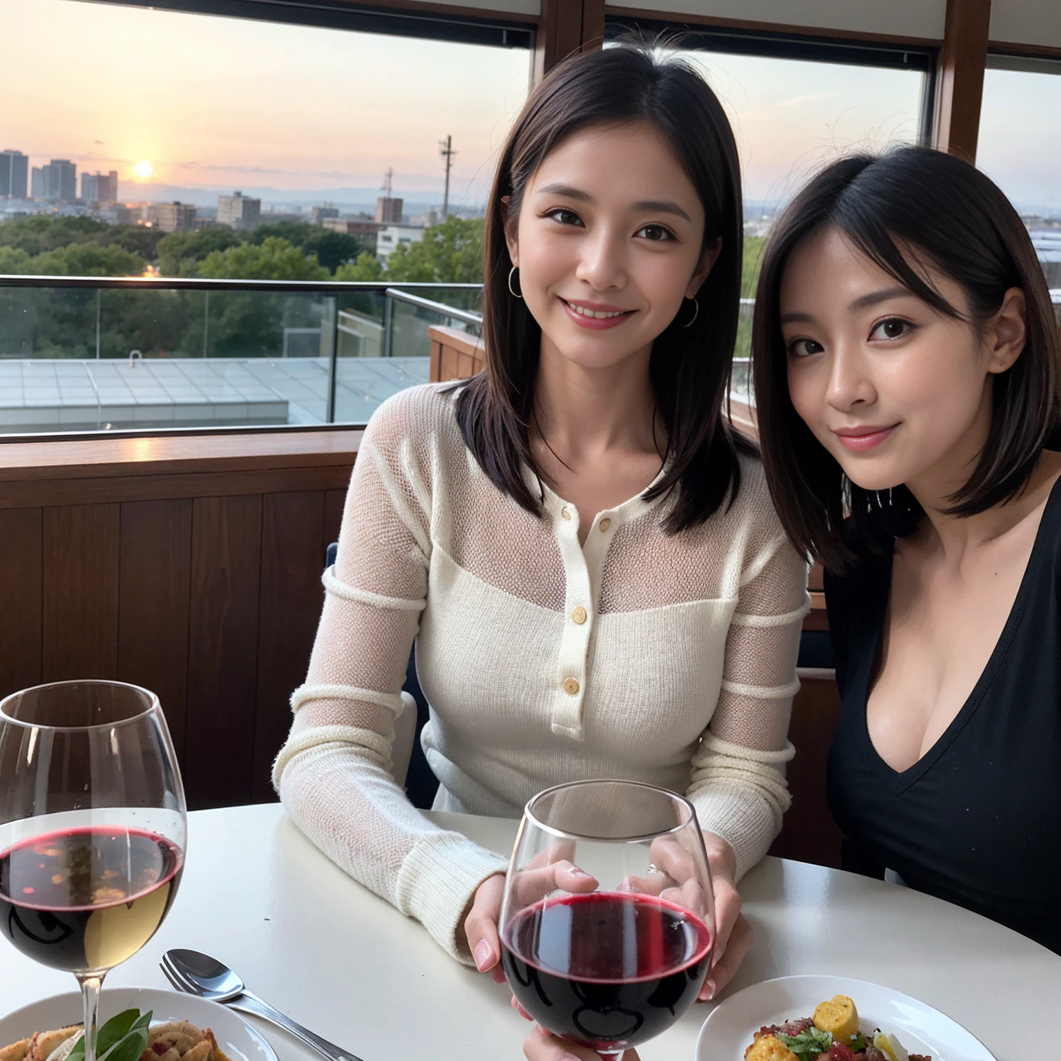((Highest quality、8k、masterpiece:1.3))、 (Genuineistic, Genuine、Bright image、Intricate details:1.2), 最高のsmile 男性1人 女性1人、美しいCouple、lover、Relatives and friends、actress Couple、Couple、モデルCouple、smile、Full-course dinner at a packed table、テーブルにwine glass、 (Slim face), (the body is slim), (Brown Hair), (short hair), Please shine a light on my face、 Amazing view of the sunset sky and clouds、 (age 34), 38 years old, red wine 、Appetizers、Wine bottle、sparkling wine、Long sleeve shirt、dress、White wine, red wine, wine glass,
