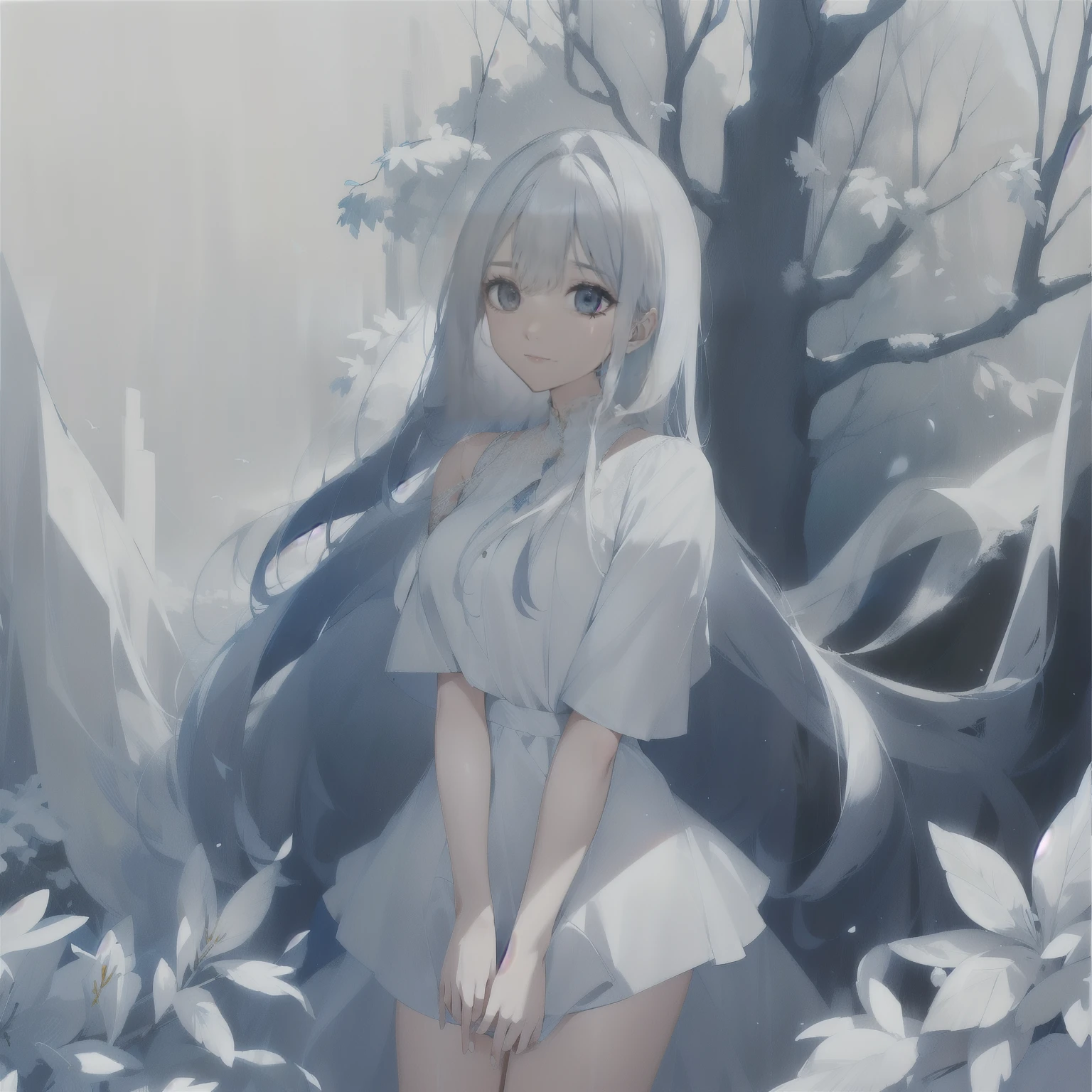 High quality image, beautiful woman, white hair, long hair, blue eyes, white forest, white trees, white grass, white ground, white birds, white sky, blue clothes.