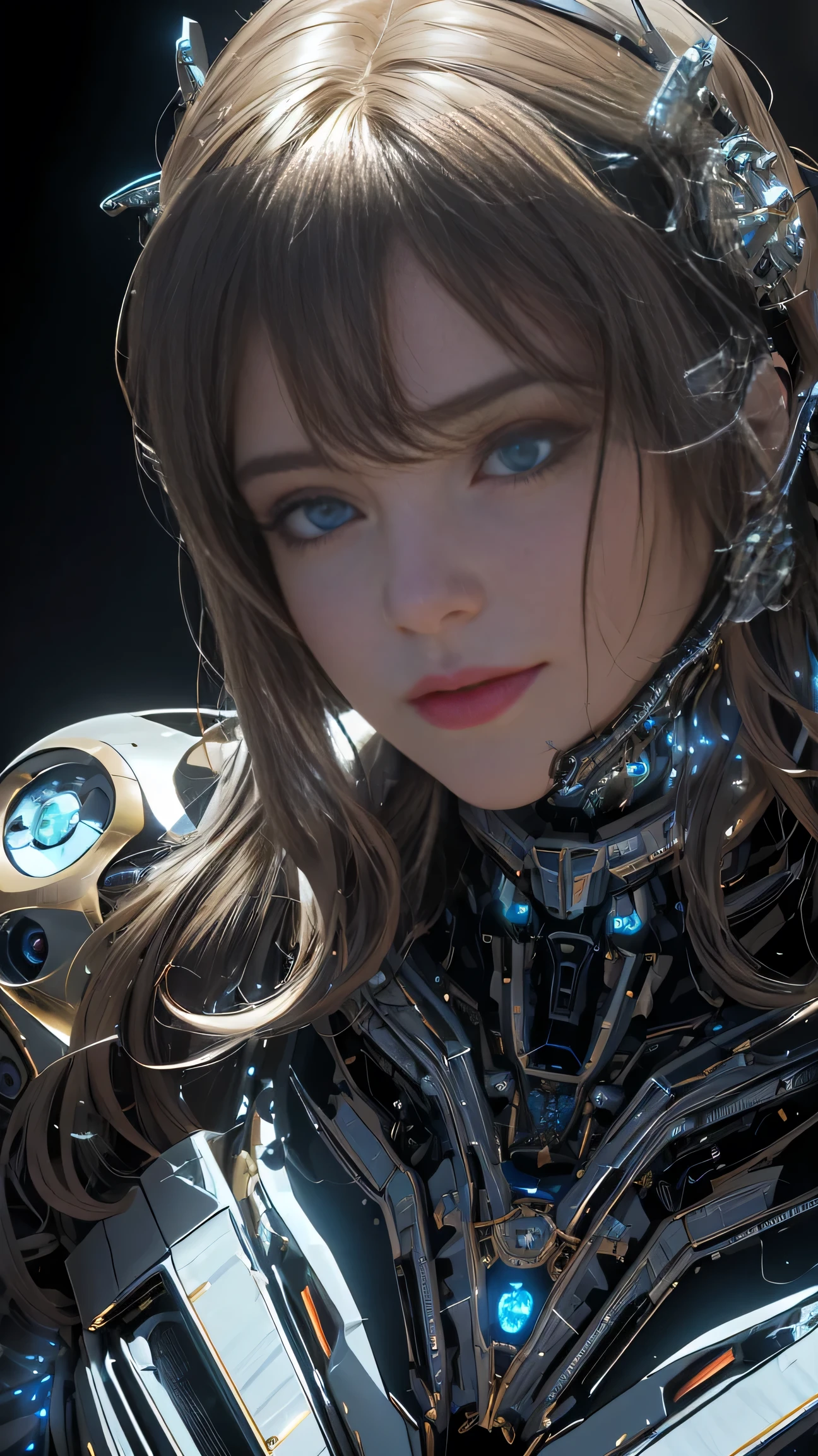 (best quality,4k,8k,highres,masterpiece:1.2),ultra-detailed,(realistic,photorealistic,photo-realistic:1.37),future-tech futuristic robot detailed,exquisite details,metallic skin texture,smooth surfaces reflecting icy light, intricate gears interlaced with electrical wiring forming the skeleton, shimmering lights resembling a soul, deep gaze with elegant posture, warm humanistic feel,portrait,sci-fi,metallic colors,studio lighting,high contrast