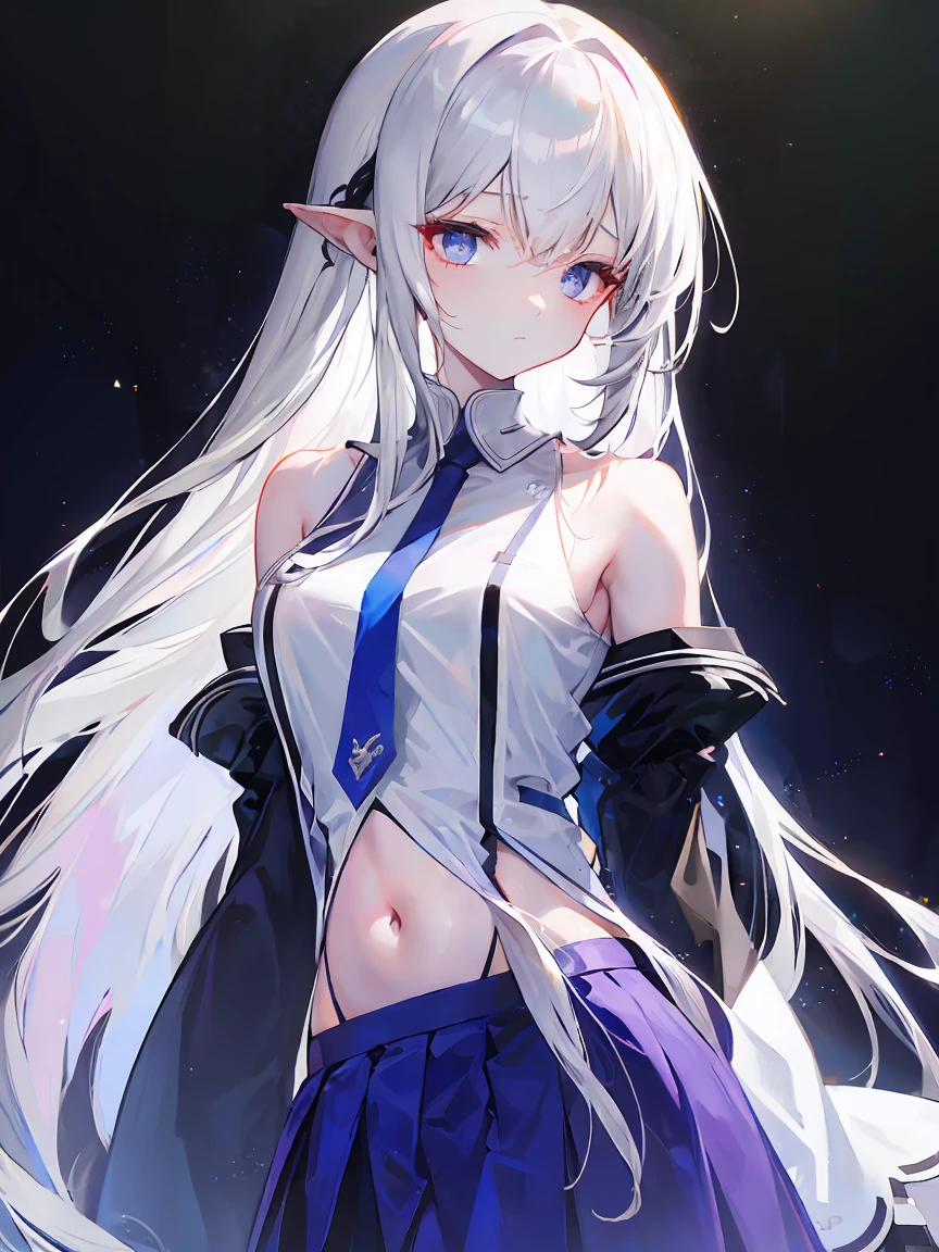 Light purple gradient hair,asymmetrical hair,((Thick hair 1.8,Clear head outline 1.6)), Shoulder-length hair, messy hair, Very long hair, shiny hair,(long gray hair:1.2),A beautiful girl,(White school uniform:2.0), Black skirt,Navel,Bare shoulders,Blue tie)(Separate sleeves,Wide sleeves),(Fingerless gloves),(Transparent clothes transparent 1.8),Perfect body,,(Looks sad,Looks haggard ,Grief,shut your mouth:1.2) With dark forest background,,Upper body photo。(avatar)