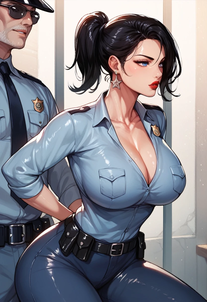  nari interrogation with old man murder criminal in prison, blue eyes, black hair, short hair, big breasts,big silver cluster. earrings ,hair ponytail , lipstick , police uniform 