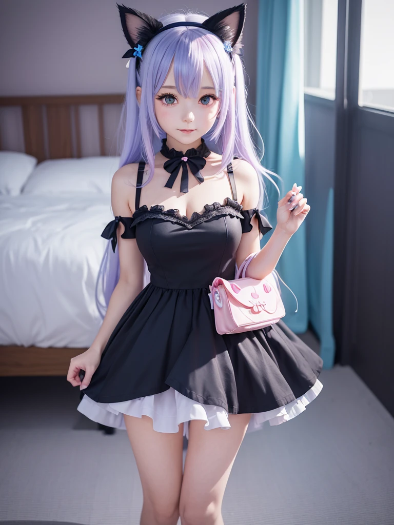 Close-up of a person wearing a dress and cat ears, Anime VTuber Full Body Model, Live2D Virtual Youtuber Model, Full body fairy, Anime Moe Art Style, Anime-style 3D, Single character full body, rimuru, Lori, Cute 3D anime girl render, Cute anime waifu in a nice dress