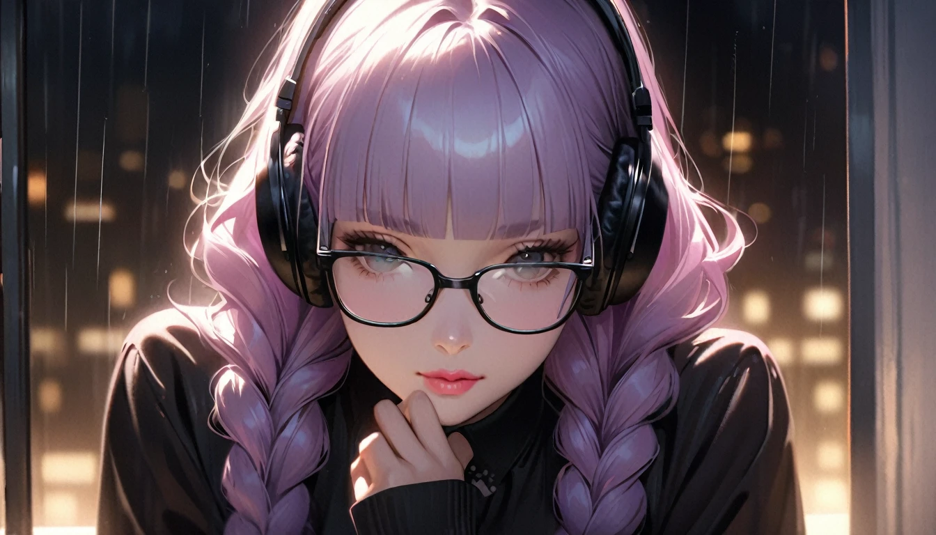Girl Drinking Coffee, Headphones:1.3, (Tilt your head:1.3), Very delicate face, Soft Clean Focus, Realistic lighting and shading, (Very delicate and beautiful art:1.3), elegant, (Calm colors:1.1),(Light purple hair,Two wavy braids,Blunt bangs,Green and black eyes.Pink Lips:1.4),thin,night lighting,Glasses,Emotional touch,Rain outside the window,