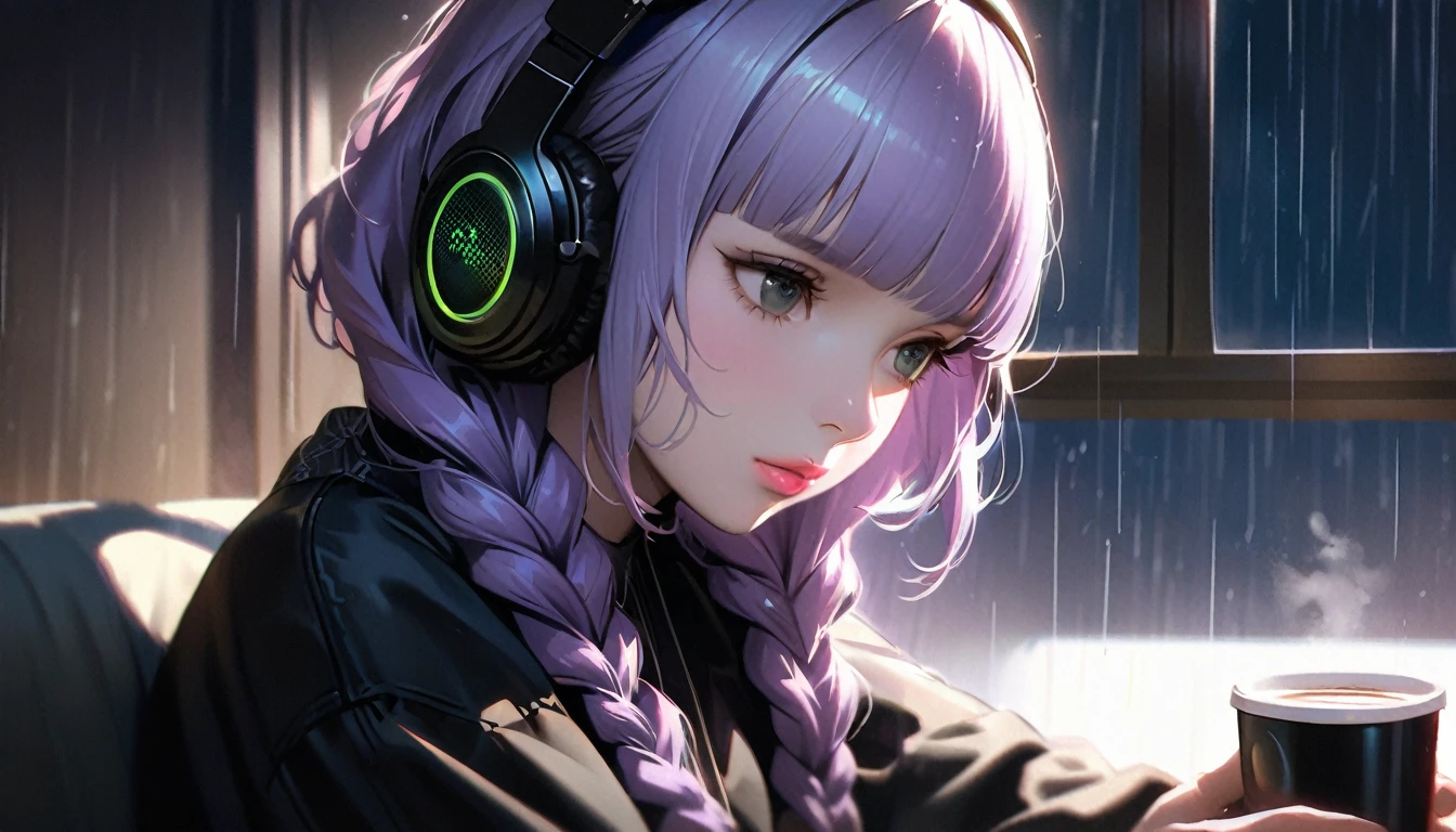 Girl Drinking Coffee, Headphones:1.3, (Tilt your head:1.3), Very delicate face, Soft Clean Focus, Realistic lighting and shading, (Very delicate and beautiful art:1.3), elegant, (Calm colors:1.1),(Light purple hair,Two wavy braids,Blunt bangs,Green and black eyes.Pink Lips:1.4),thin,night lighting,Glasses,Emotional touch,Rain outside the window,