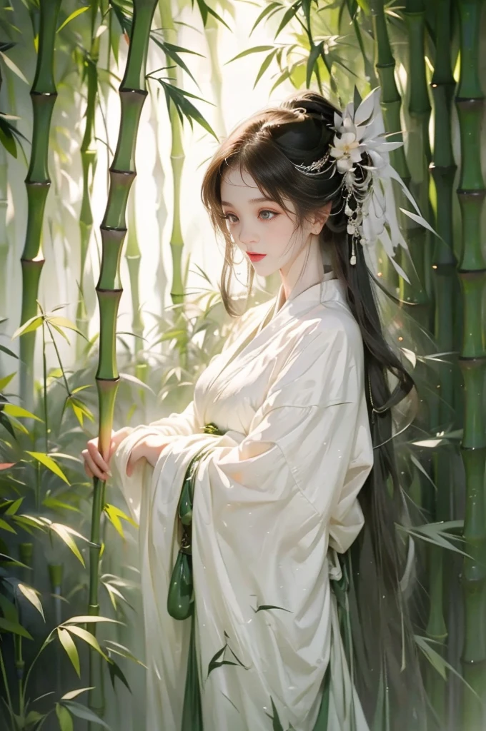 girl,Surrounded by bamboo forests,spring,Dark green traditional clothing,Medium shot,Clear face,Look at the lens,Chinese style,Traditional Culture,Bamboo Personification,Anthropomorphic style,Blend in with the background