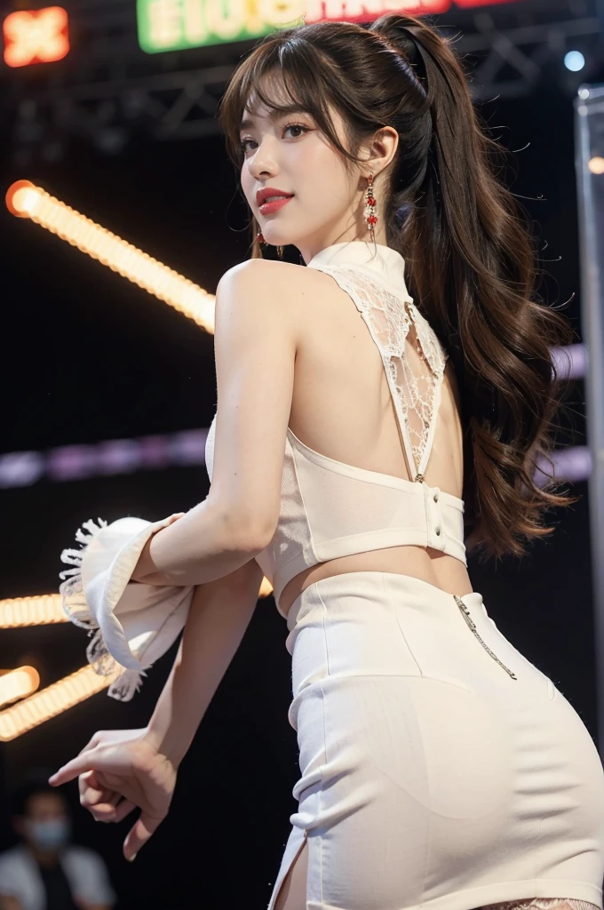 1girl,bangs,bare arms,collar,maxi white lace cheongsam,detailed background,detailed eyes,brown hair,earrings,upper body,jewelry,slim,flat chest,ponytail,looking at viewer,makeup,night scene,red lips,signature,laughing,solo,standing,On the T-stage,catwalk,fashion show,Surrounded by crowded crowds on both sides of the stage,neon lights