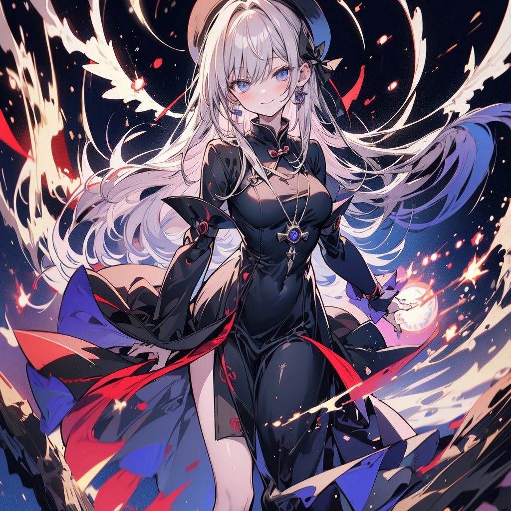 yagami hayate, dark persona, knight, going down the stairs, anime, audience, wand, 1girl, walking, armor, leg armor, cape, runes, evil smile, pillars of fire, octagonal yin yang mirror, black angel wings, stand-up collar, black long china dress, Ruined city, long cheongsam, long Qipao, blue eye, white Beret, brown hair, bob hair, reaching out, talking, purple obi, moonlight, earrings, chains, yin yang, long skirt, beautiful art, depth of field, high res, perfect face, detailed outfit