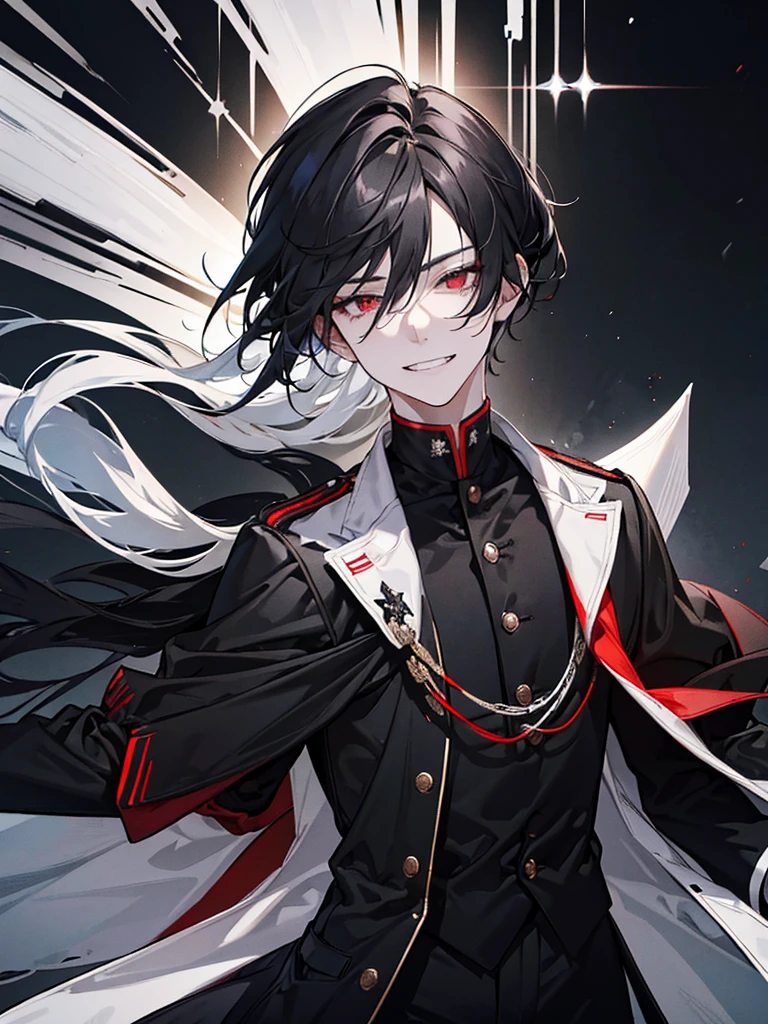 Guy, Sharp teeth, White disheveled hair cascades with black strands. An smile with sharp teeth. Black military uniform, black general's uniform. Red eyes, black narrow horizontal pupils, handsome guy, A cheeky grin, adult man, beautiful man, Black little strands, extremely beautiful man