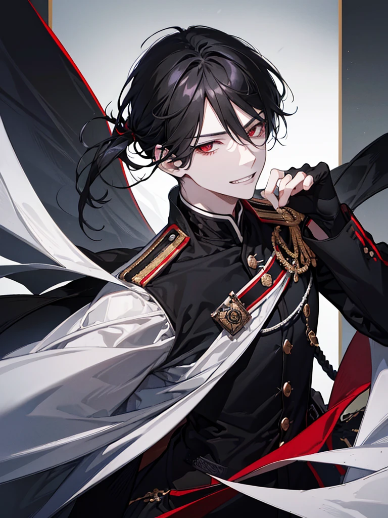 Guy, Sharp teeth, White disheveled hair cascades with black strands. An smile with sharp teeth. Black military uniform, black general's uniform. Red eyes, black narrow horizontal pupils, handsome guy, A cheeky grin, adult man, beautiful man, Black little strands, extremely beautiful man