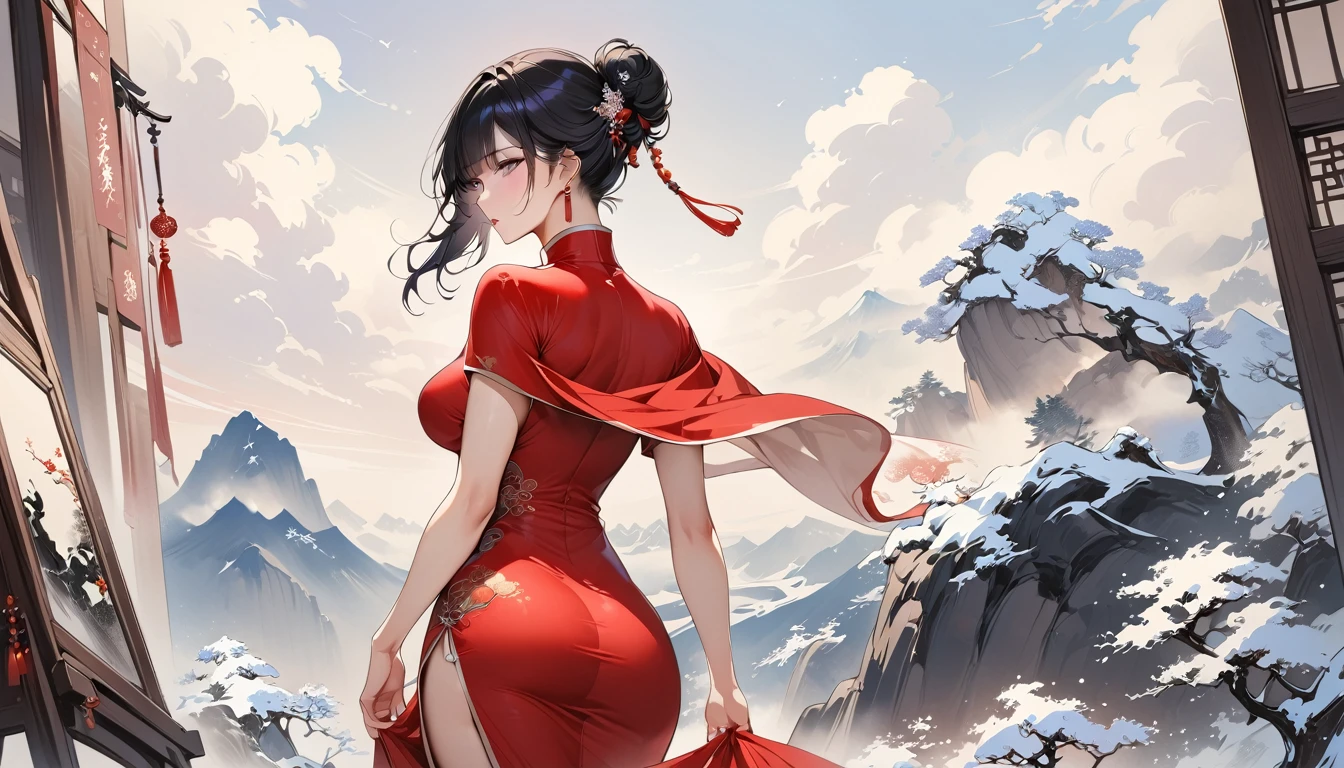 (Masterpiece, Best Quality: 1.3), 1girl, individual,(Conservatively Dressed: 1.8),Red cheongsam, red qipao, (Mature: 1.4), Dark Purple Hair, Hair in a bun, Cold Eyes, Purple Eyes, Hairpin, Gorgeous Accessories, Fluttering Cloak, Medium Shot, very aesthetic, national painting, Medium shot, Clothing ink painting style, high detail, Masterpiece, super detail, best quality