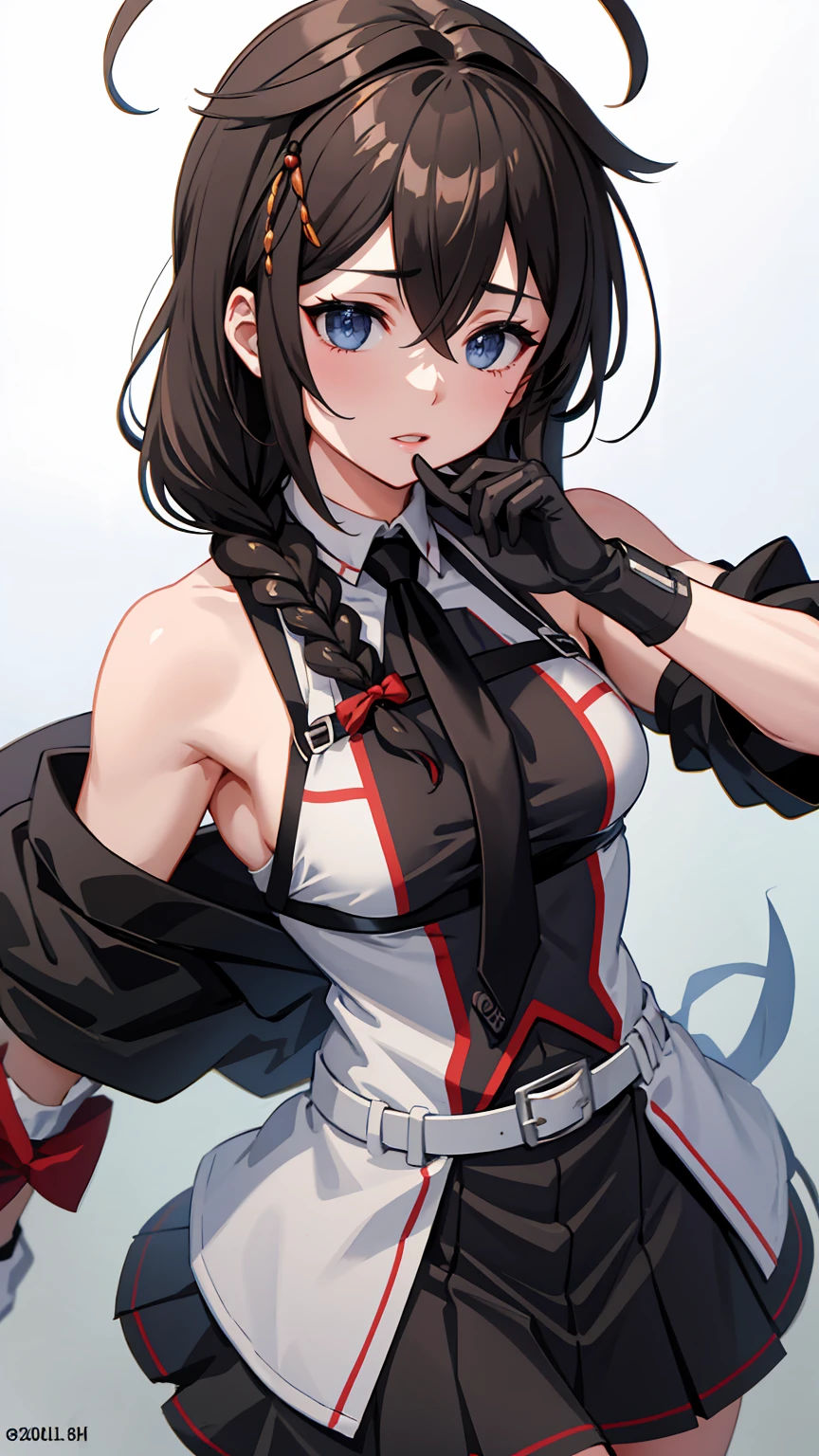 Shigure Kai 3 KanColle Sleeveless Black Thimble Glove Black Skirt Braid 8K High Resolution insanely detailedinsanely detailed eyes insanely detailed face、insanely detailed body、insanely detailed skin