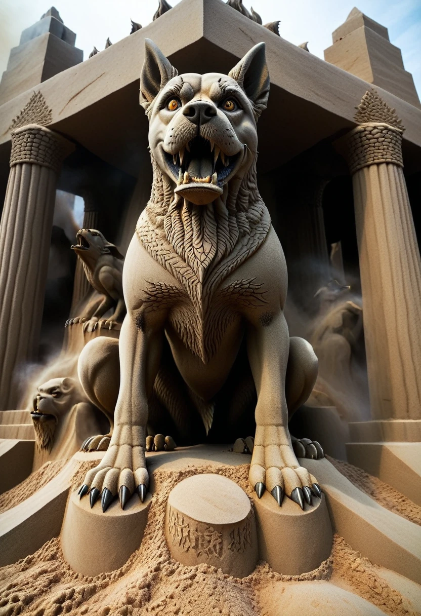 Sand sculpture style,  Three-headed dog wandering around in hell，A huge pillar of fire emerges from its beak，Fly into the air，Sharp eyes，Fangs，Hell scenes，Strong sense of déjà vu 。