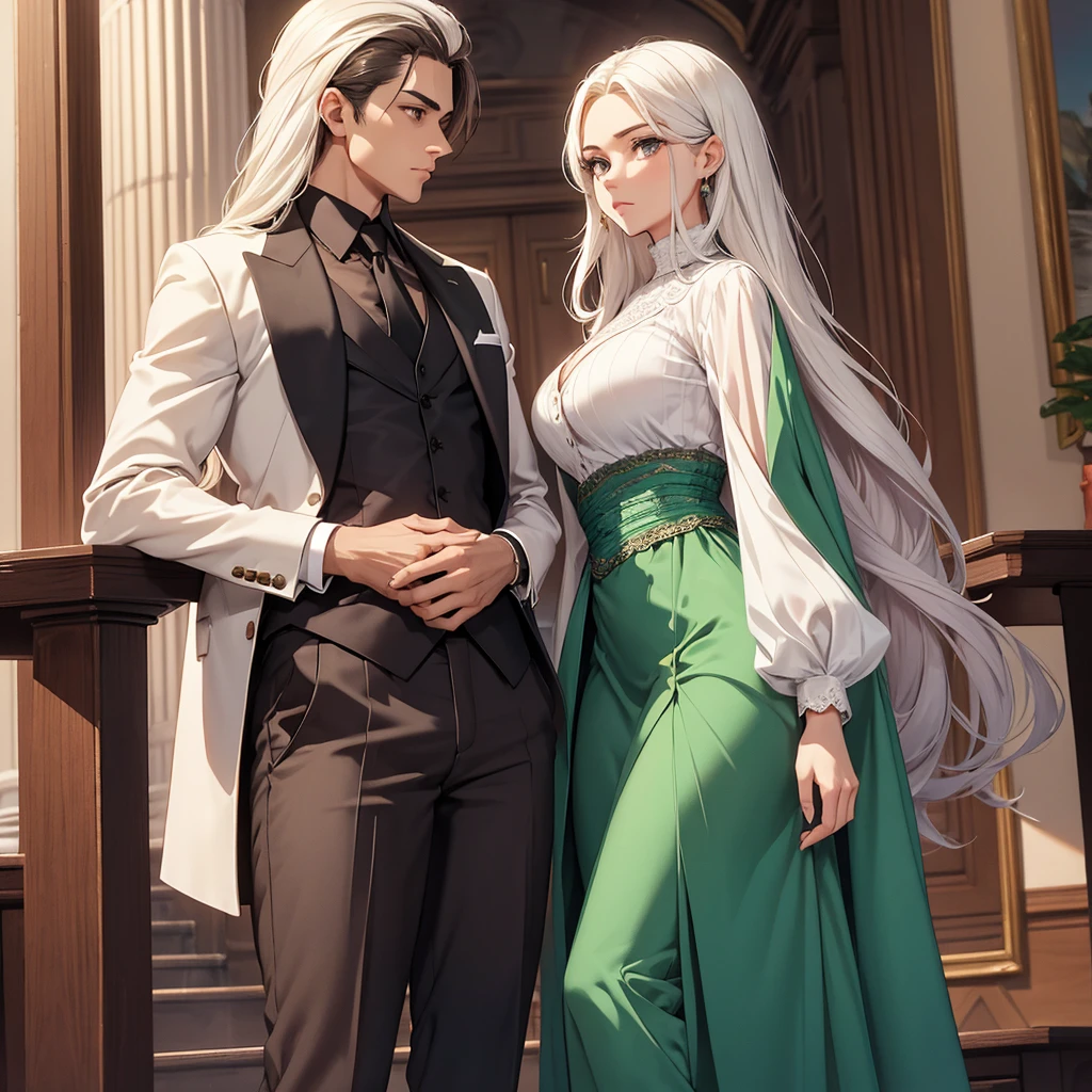 una mujer adulta con una presencia seria y confiada. Su cabello es blanco como la nieve, largo y liso, cayendo elegantemente sobre sus hombros. Sus ojos son de un verde esmeralda profundo, brillantes y penetrantes. He wears a formal suit consisting of a well-fitting black shirt and long dark brown pants that complements his sophisticated style.. His posture is imposing and his expression, aunque seria, It has a touch of mystery that invites you to learn more about it.