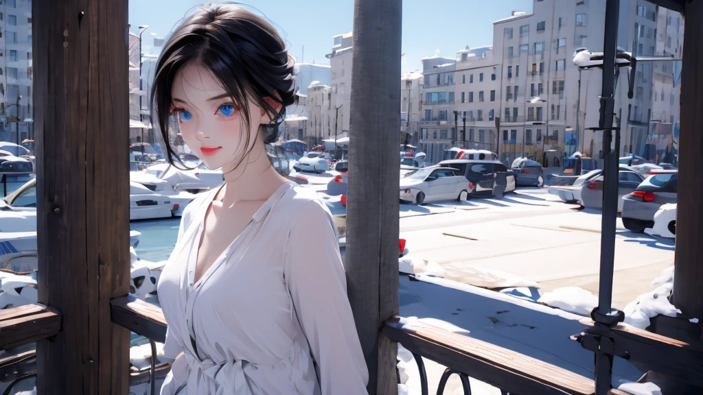 1 girl, medium light black hair, light blue eyes, wearing Sexy outfit , city , Sexy , high res, ultrasharp, 8K, masterpiece, Looking from the front
