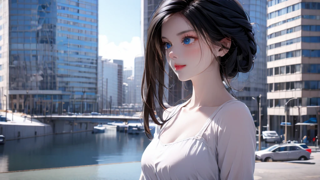 1 girl, medium light black hair, light blue eyes, wearing Sexy outfit , city , Sexy , high res, ultrasharp, 8K, masterpiece, Looking from the front