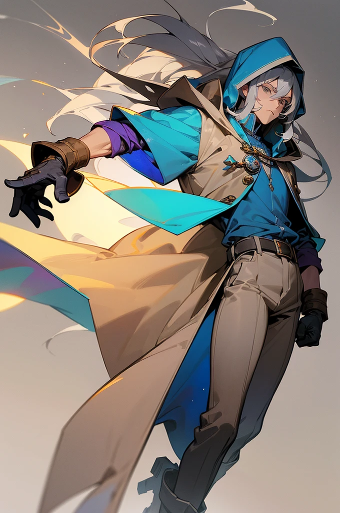 a man with grey long hair and grey eyes, wearing a ice hooded cape, a blue shirt, beige pants, gloves, a belt, and boots, masculine pose, figther expression, colorful smoky background, magical smoke, psychedelic colors