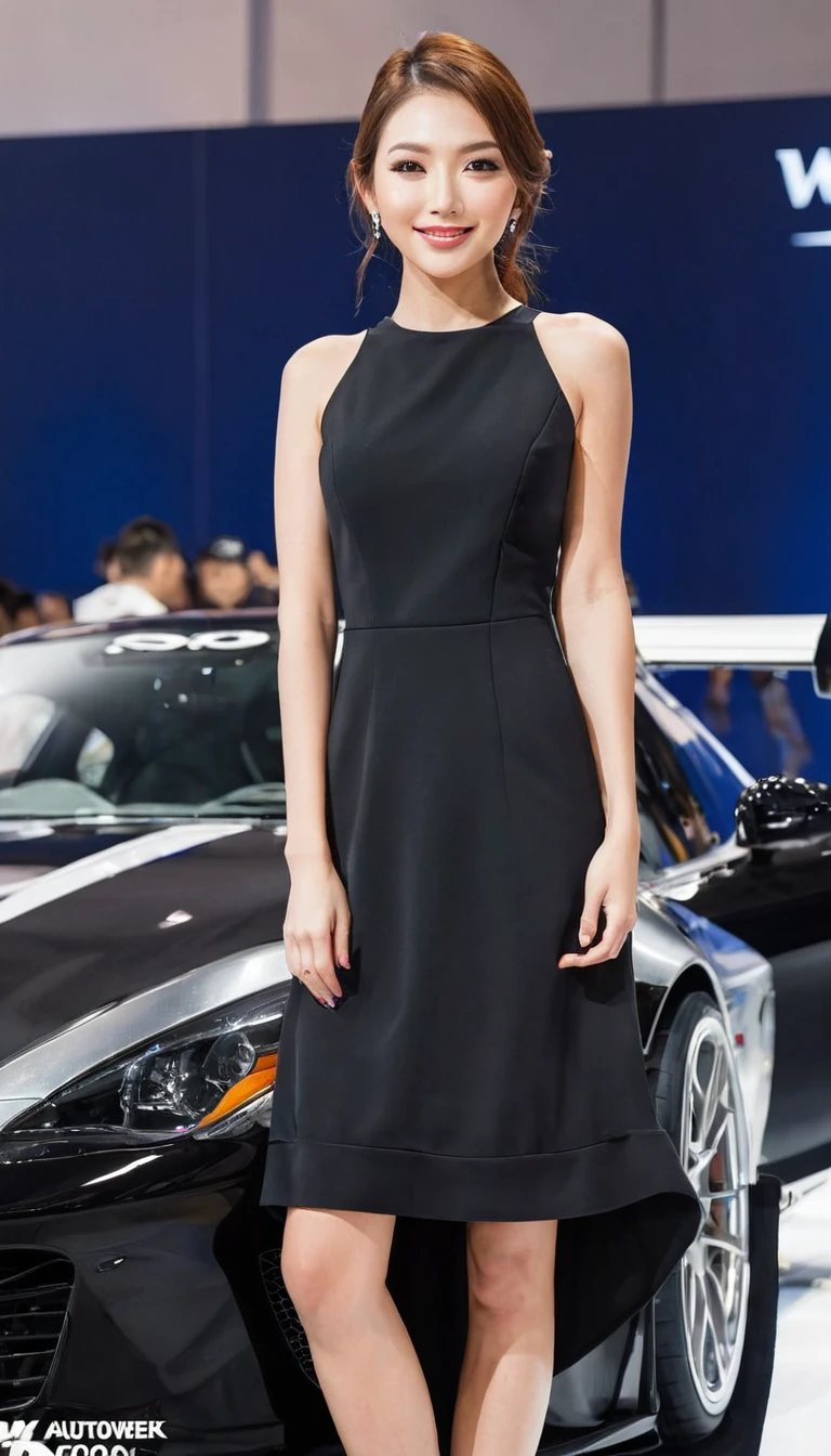 AUTO SALON X AUTOWEEK 2019 - レーシングモデル,Sora in a black dress、Gazing into the camera with a captivating smile、Embodying the glamour and elegance of your event。([America:1.1])[(Age 25:1.1)][Casually posing:1.2] She is a professional racing model.、Her passion for high performance cars is apparent in her poise and confidence.。A white knee-length gown、Creates an elongated silhouette that accentuates