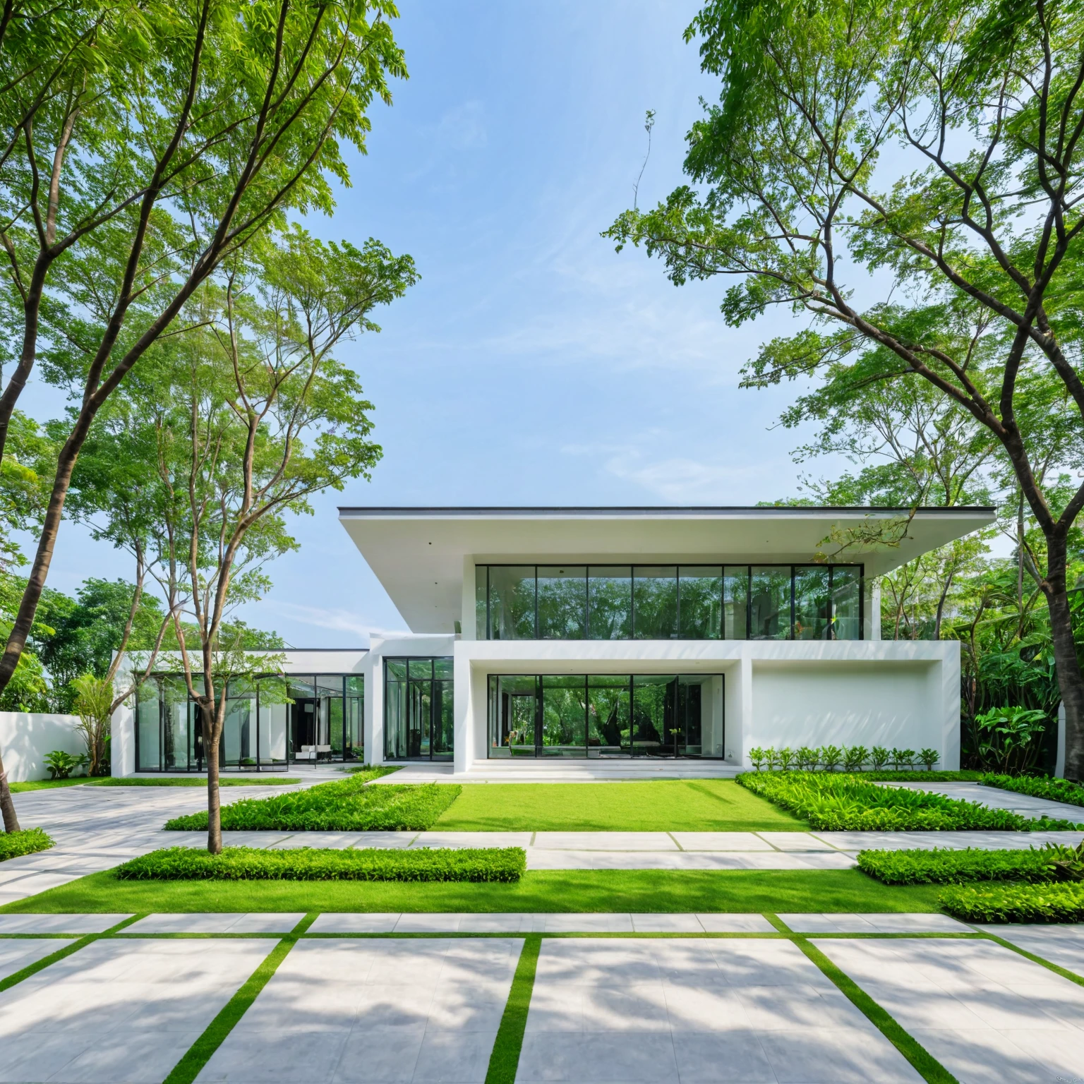 A modern minimalist style single-story villa with a flat roof, white walls and glass windows in Vietnam is surrounded by green lawns, ((road)), ((sidewalk)), (sidewalk trees), The overall architectural design features clean lines and simplicity, creating an elegant atmosphere. Use professional photography techniques to capture details and highlight the unique architecture of contemporary luxury houses in the style of minimalism