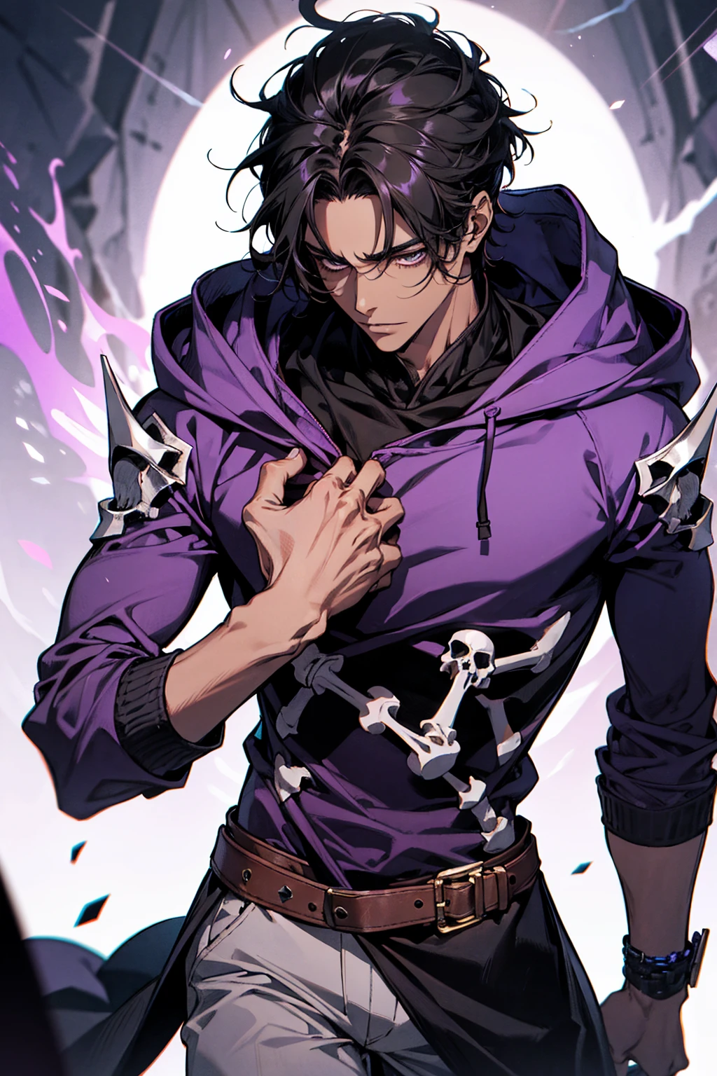 male with bones, looking away from camera, skulls, bones, handsome, black, dark skin, tall, broad shoulders, black hair, purple, purple fire, magic, detailed face, fantasy, hoodie
