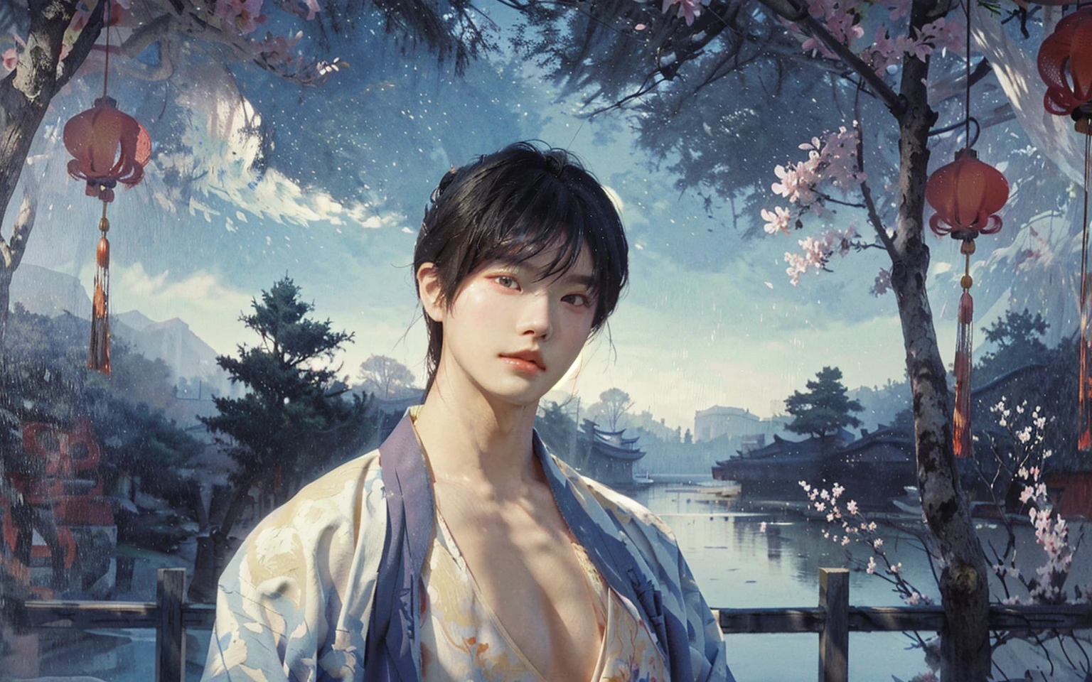 a man in a kimono robe standing in front of a of a river, inspired by Yanjun Cheng, yanjun chengt, inspired by Bian Shoumin, artwork in the style of guweiz, inspired by Yeong-Hao Han, inspired by Zhang Han, by Yanjun Cheng, by Yang J, cai xukun, guweiz,huge breasts,huge chest,huge muscle,huge bust,sexy guy,hot guy,horny guy,femboy,pretty boy,man's breasts,traditional Chinese painting,traditional Chinese art,(((looking at you))),(gazing at you)