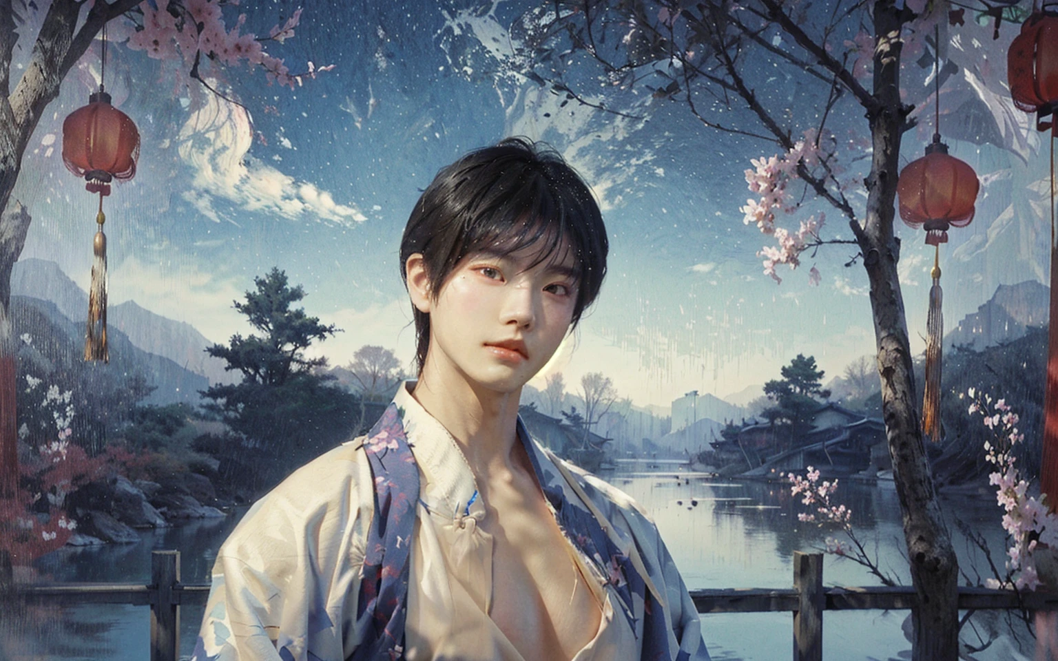 a man in a kimono robe standing in front of a of a river, inspired by Yanjun Cheng, yanjun chengt, inspired by Bian Shoumin, artwork in the style of guweiz, inspired by Yeong-Hao Han, inspired by Zhang Han, by Yanjun Cheng, by Yang J, cai xukun, guweiz,huge breasts,huge chest,huge muscle,huge bust,sexy guy,hot guy,horny guy,femboy,pretty boy,man's breasts,traditional Chinese painting,traditional Chinese art,(((looking at you))),(gazing at you)