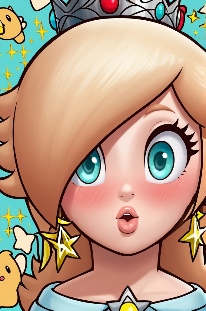 score_9, score_8_up, 2D, flat color, thick outlines, 1girl, solo, rosalina, light blue dress, outer space, ((big boobs)) Close to camera, kissing face, Close the camera, blushing