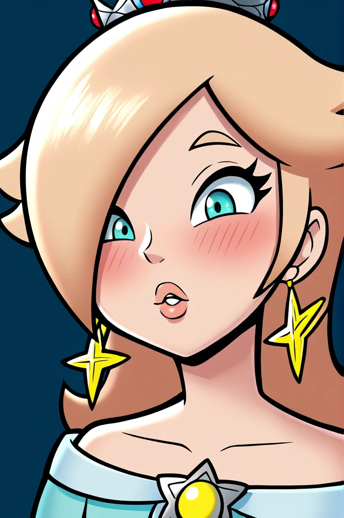 score_9, score_8_up, 2D, flat color, thick outlines, 1girl, solo, rosalina, light blue dress, outer space, ((big boobs)) Close to camera, kissing face, Close the camera, blushing