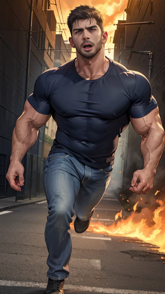 (Create a masterpiece: 1.2),(CGI art:1.3),(realistic:1.5),(After processing:1.3),(Sharp focus:1.3),1 man , straight, front ,Chris Redfield , (round neck T-shirt:1.2) ,Wear color navy round neck T-shirt with a police badge: 1.4), Navy blue jeans, Korean guy , korean men, (High gloss details), chest muscles, large arm muscles, blood vessel, Big muscles, Broad shoulders, looking at the audience, Balancing the eyes, middle of the road ,dark black gloomy hallway in the background, detailed face, shadow, volumetric lighting ,(open mouth:1.6) ,(Fire blazes behind), (run to camara)