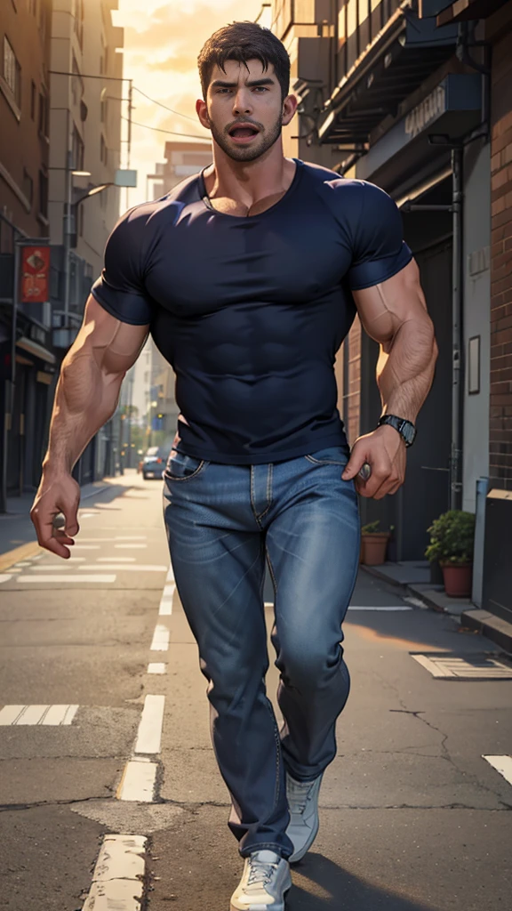 (Create a masterpiece: 1.2),(CGI art:1.3),(realistic:1.5),(After processing:1.3),(Sharp focus:1.3),1 man , straight, front ,Chris Redfield , (round neck T-shirt:1.2) ,Wear color navy round neck T-shirt with a police badge: 1.4), Navy blue jeans, Korean guy , korean men, (High gloss details), chest muscles, large arm muscles, blood vessel, Big muscles, Broad shoulders, looking at the audience, Balancing the eyes, middle of the road ,dark black gloomy hallway in the background, detailed face, shadow, volumetric lighting ,(open mouth:1.6) ,(Fire blazes behind), (run to camara)