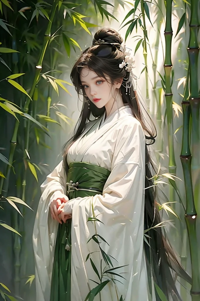girl,Surrounded by bamboo forests,spring,Dark green traditional clothing,Medium shot,Clear face,Look at the lens,Chinese style,Traditional Culture,Bamboo Personification,Anthropomorphic style,Blend in with the background