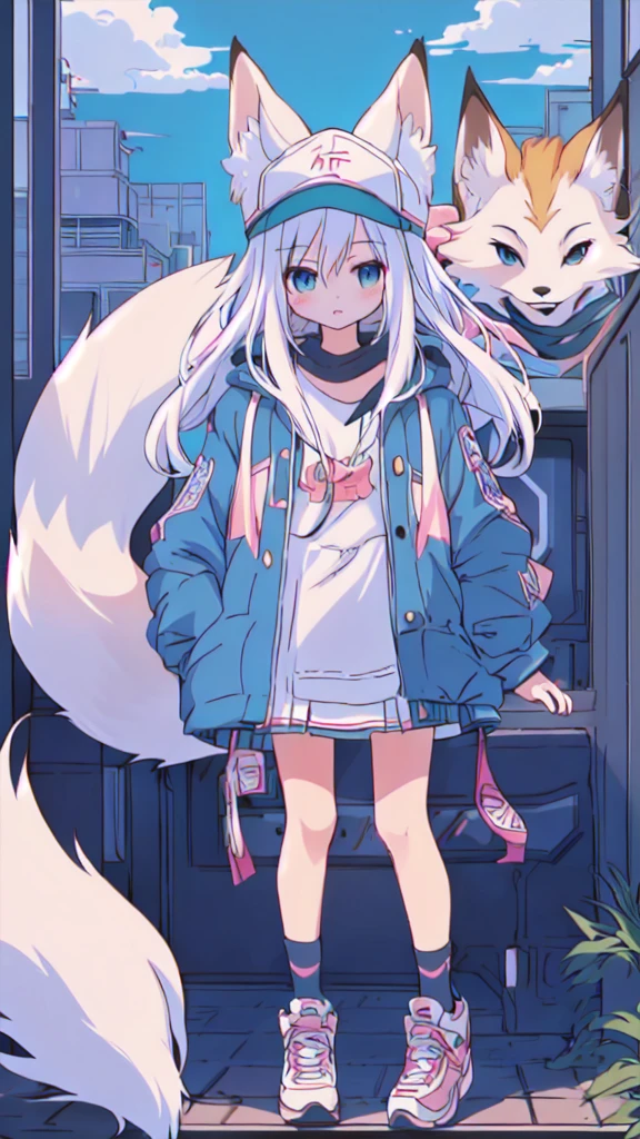 Anime girl and a fox standing in front of a building, Anime Aesthetics, White fox, Anime style 4 k, Anime style. 8K, flat Anime style, Lofi art style, Anime atmosphere, Anime art style, anime art wallpaper 8 k, high quality Anime art style, There is a white fox beside the girl,Girl with a fox,Girl in baseball cap,A white fox behind the girl