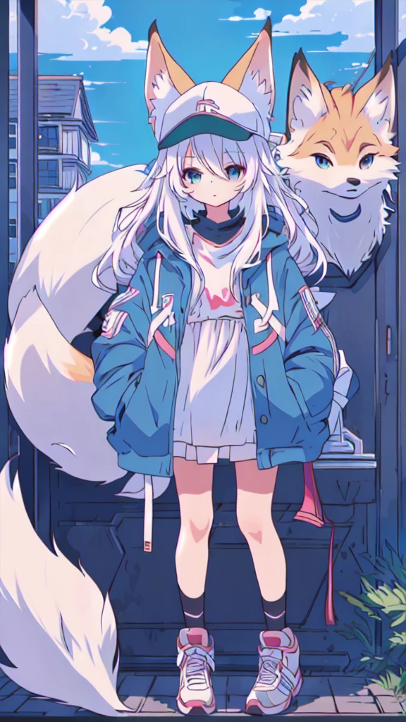 Anime girl and a fox standing in front of a building,  Anime Aesthetics, White fox, Anime style 4 k, Anime style. 8K, flat Anime style, Lofi art style, Anime atmosphere, Anime art style, anime art wallpaper 8 k, high quality Anime art style, There is a white fox beside the girl，Girl with a fox，Girl in baseball cap，A white fox behind the girl