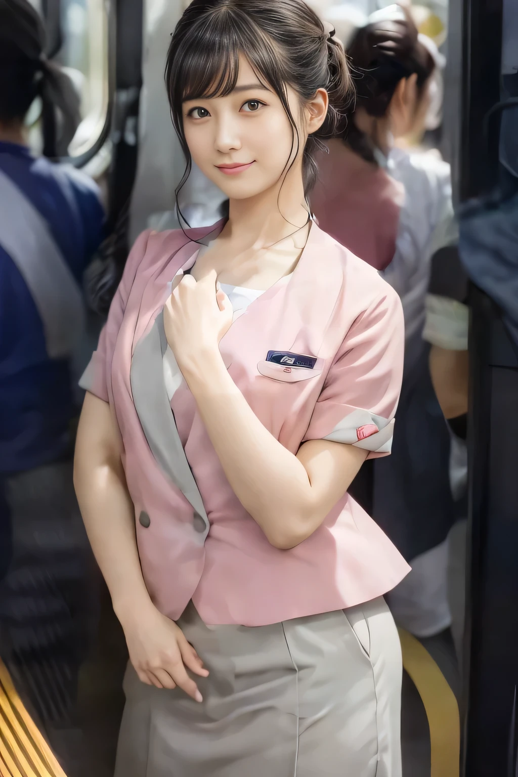 (masterpiece:1.2, Highest quality:1.2), 32K HDR, High resolution, (alone、1 girl)、 (Height: 160cm)、(On the rooftop of a building in the daytime、Professional Lighting)、Building rooftop background、(Nankai train crew uniform pinkを着たリアルスタイル)、(Nankai train crew uniform pink short sleeve collarless pink jacket、Nankai Train Crew Uniform Pink Collarless Short Sleeve Blouse、Nankai Train Crew Uniform Pink Grey Knee-length Culottes)、Dark brown hair、(Hair tied up、Hair tied up、Evening curly hairstyle)、Dark brown hair、Long Shot、Big Breasts、Thin legs、((Great hands:2.0)),((Harmonious body proportions:1.5)),((Normal limbs:2.0)),((Normal finger:2.0)),((Delicate eyes:2.0)),((Normal eyes:2.0)))、smile、(Nankai Train Crew Uniform Pink Grey Knee-length Culottesを見せた美しい歩く姿)、Place your hands around your stomach、Lanyard employee ID card
