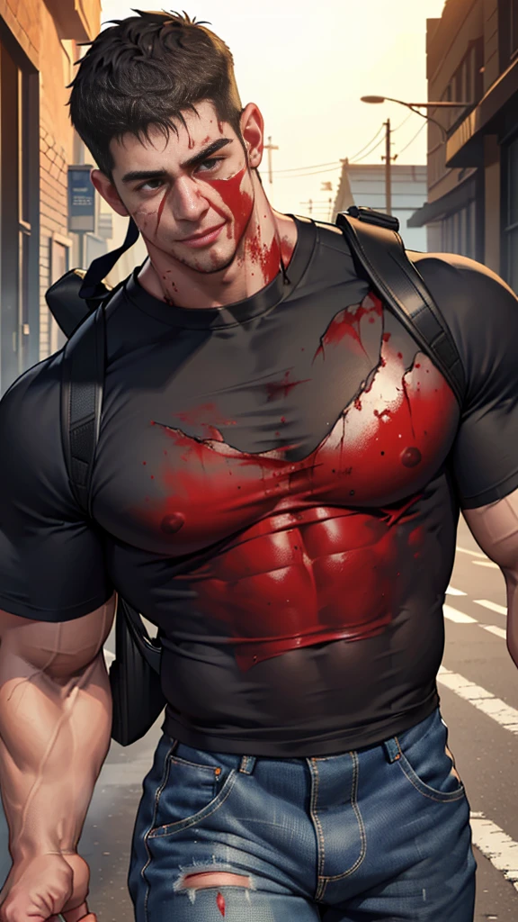 (Create a masterpiece: 1.2),(CGI art:1.3),(realistic:1.5),(After processing:1.3),(Sharp focus:1.3),1 man , straight, front ,Chris Redfield , smile, (round neck T-shirt:1.2) ,Wear color navy round neck T-shirt with a police badge: 1.2), Navy blue jeans, Korean guy, (blood splatters) ,( abrasions on face: 1.5), (Blood stains on the face and body: 1.4), , korean men, (High gloss details), chest muscles, large arm muscles, blood vessel, Big muscles, Broad shoulders, looking at the audience, Balancing the eyes, middle of the road ,dark black gloomy hallway in the background, detailed face, shadow, volumetric lighting , (Carrying a black backpack: 1.3),(Fire blazes behind)