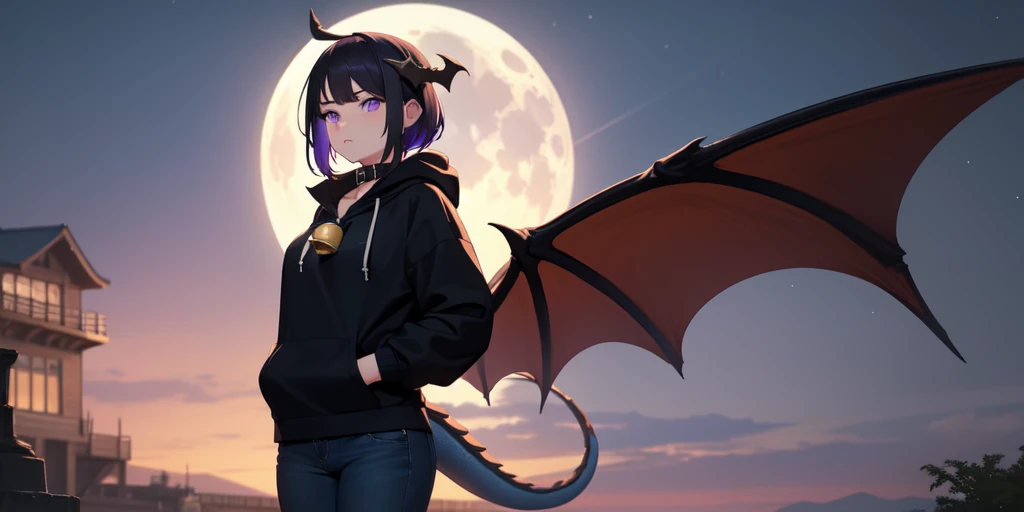 Beautiful woman, badass, sexy, holding katana, collar with bell around her neck, black jeans on her, black hoodie jacket on her, black and purple striped shirt under her hoodie, purple and black hair, dragon tail, dragon wings, black horns on head, large , shy expression, standing up, moon in background, outside, purple eyes, HD, 1080p, perfect quality, hyper realistic, detailed
