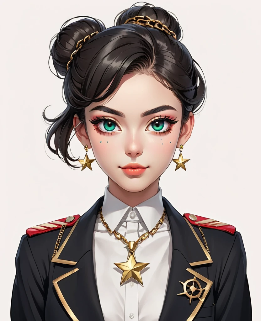 (Digital Illustration,Detailed anime style pin-up girl portrait,Solitary,symmetry),(Big colorful eyes,Fashionable and exquisite facial features,Exquisite makeup,Sweet smile,Star symbol mark on cheek,Soulful gaze,),(Fluffy bun,Hairpin),(Black suit,Epaulettes-Chain,cool,),Clean and simple white background,(((Correct human anatomy)))