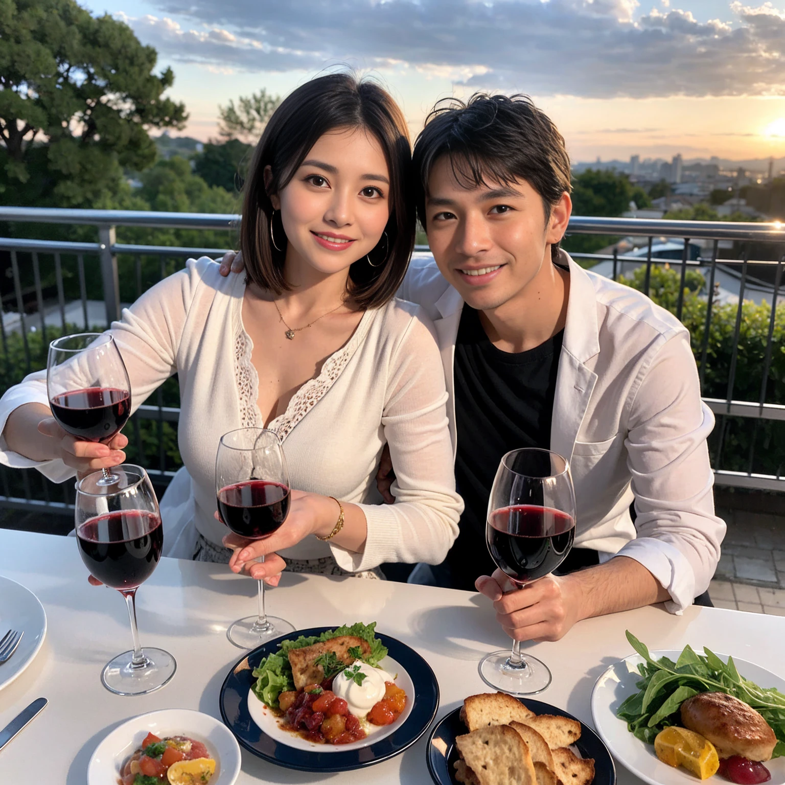 ((Highest quality、8k、masterpiece:1.3))、 (Genuineistic, Genuine、Bright image、Intricate details:1.2), Best smile 1 man 1 woman、Beautiful Couple、Lovers、Relatives and friends、actress couple、couple、Model Couple、Smile、A full-course dinner with a full table、テーブルにwine glass、 (Slim face), (The body is slim), (Brown Hair), (short hair), Please shine a light on my face、 Amazing view of the sunset sky and clouds、 (age 34), 38 years old, red wine 、Appetizers、Wine bottle、sparkling wine、Long sleeve shirt、dress、White wine, red wine, wine glass,