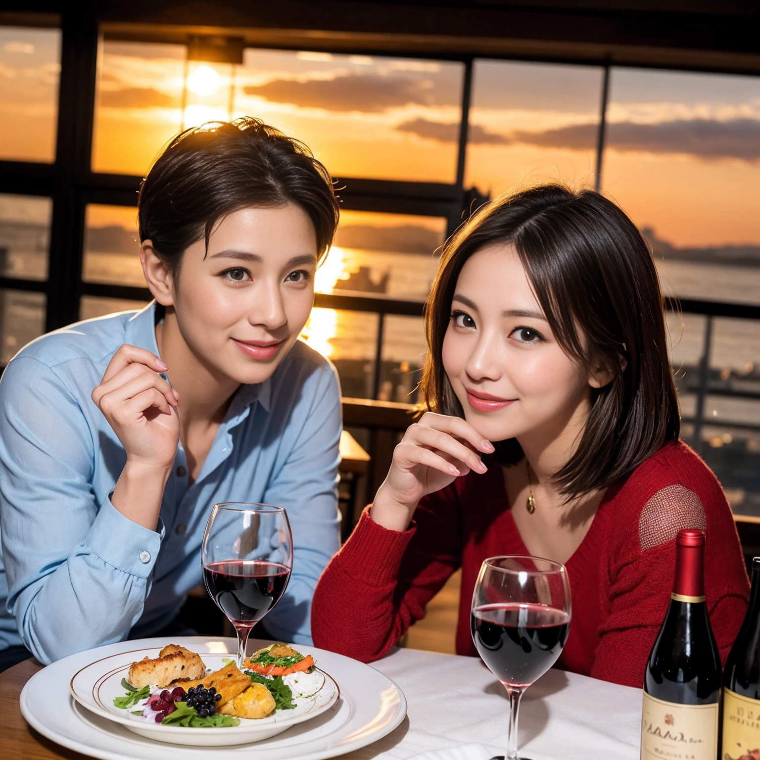 ((Highest quality、8k、masterpiece:1.3))、 (Genuineistic, Genuine、Bright image、Intricate details:1.2), Best smile 1 man 1 woman、Beautiful Couple、Lovers、Relatives and friends、actress couple、couple、Model Couple、Smile、A full-course dinner with a full table、テーブルにwine glass、 (Slim face), (The body is slim), (Brown Hair), (short hair), Please shine a light on my face、 Amazing view of the sunset sky and clouds、 (age 34), 38 years old, red wine 、Appetizers、Wine bottle、sparkling wine、Long sleeve shirt、dress、White wine, red wine, wine glass, 