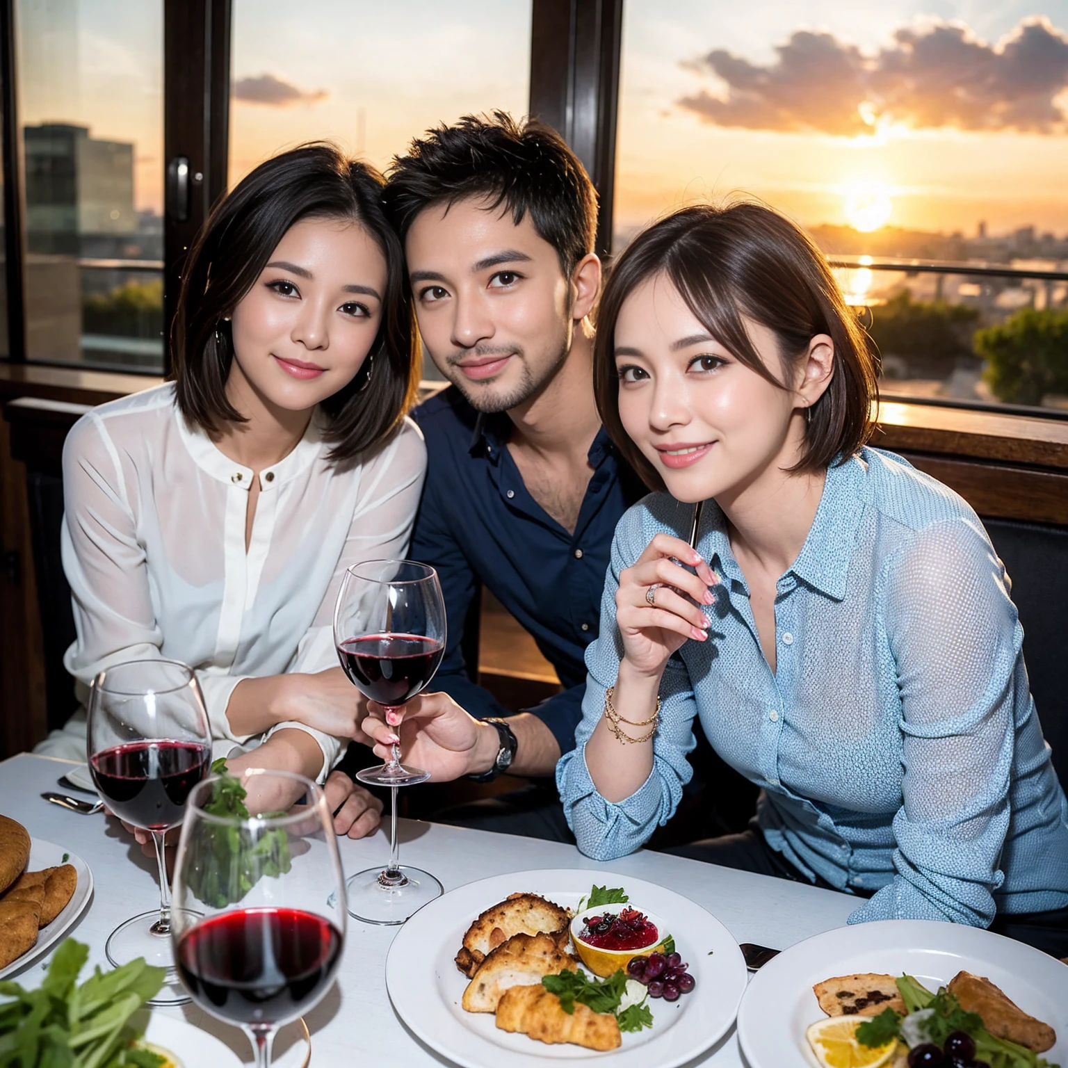 ((Highest quality、8k、masterpiece:1.3))、 (Genuineistic, Genuine、Bright image、Intricate details:1.2), Best smile 1 man 1 woman、Beautiful Couple、Lovers、Relatives and friends、actress couple、couple、Model Couple、Smile、A full-course dinner with a full table、テーブルにwine glass、 (Slim face), (The body is slim), (Brown Hair), (short hair), Please shine a light on my face、 Amazing view of the sunset sky and clouds、 (age 34), 38 years old, red wine 、Appetizers、Wine bottle、sparkling wine、Long sleeve shirt、dress、White wine, red wine, wine glass, 