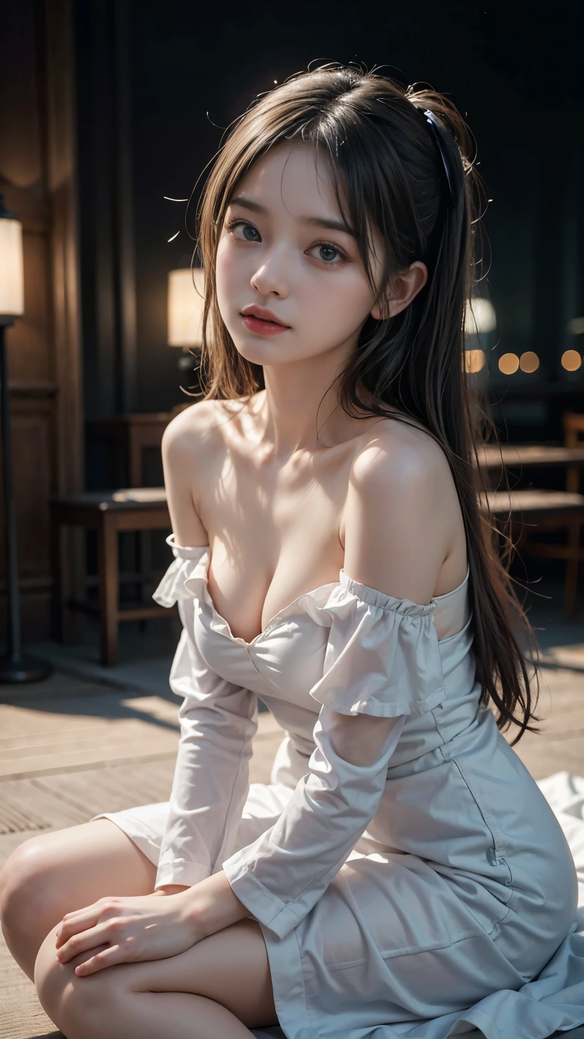 (Highest quality, masterpiece:1.2, Ultra-high resolution), (Reality: 1.4), Original photo, Japanese, One girl, Beautiful breasts, , (Off the shoulder, dress), Cinema Lighting, Ultra-detailed, trip, Stylish, (Detailed eyes and face:1.2), (Detailed hands and arms:1.2)