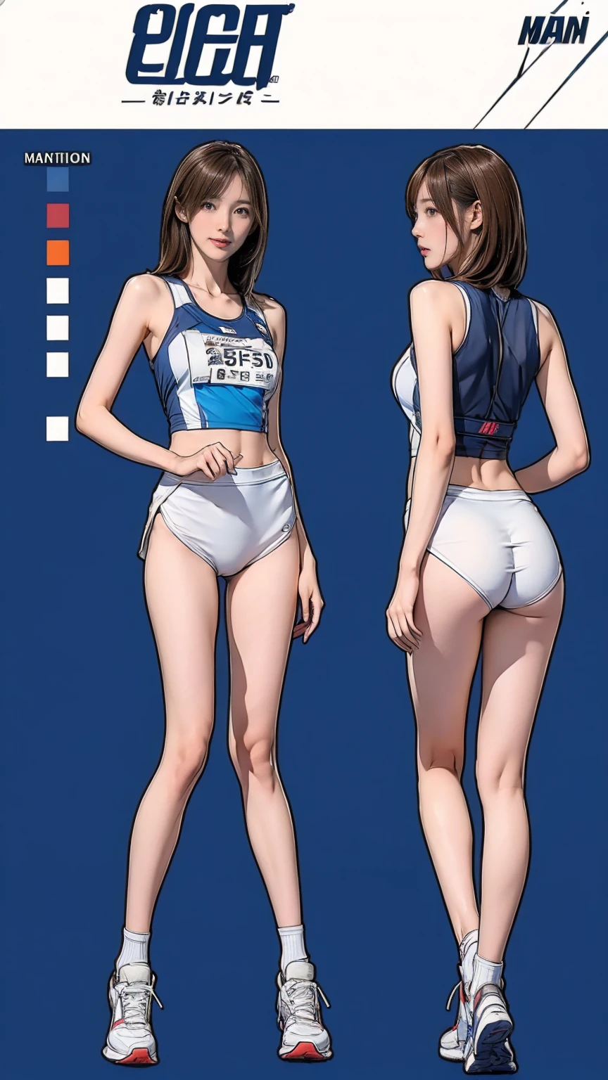 ((masterpiece)),(((Highest quality))),((Character design sheet)),Thin thighs,Long legs,It's not a big deal ,Wearing a marathon uniform and marathon shoes