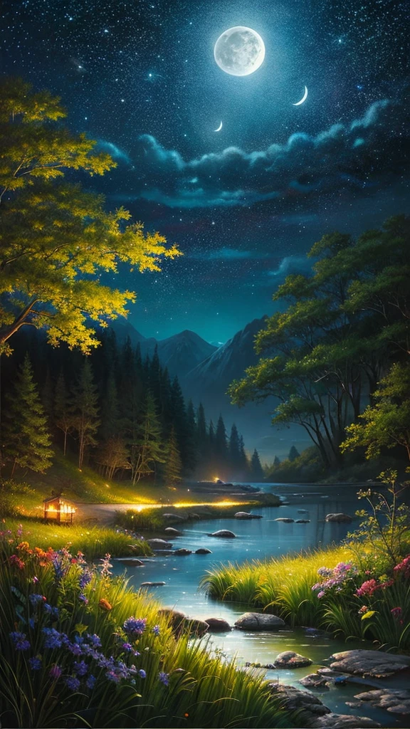 best quality、landscape painting、nature、night景、night、moon、Starry Sky