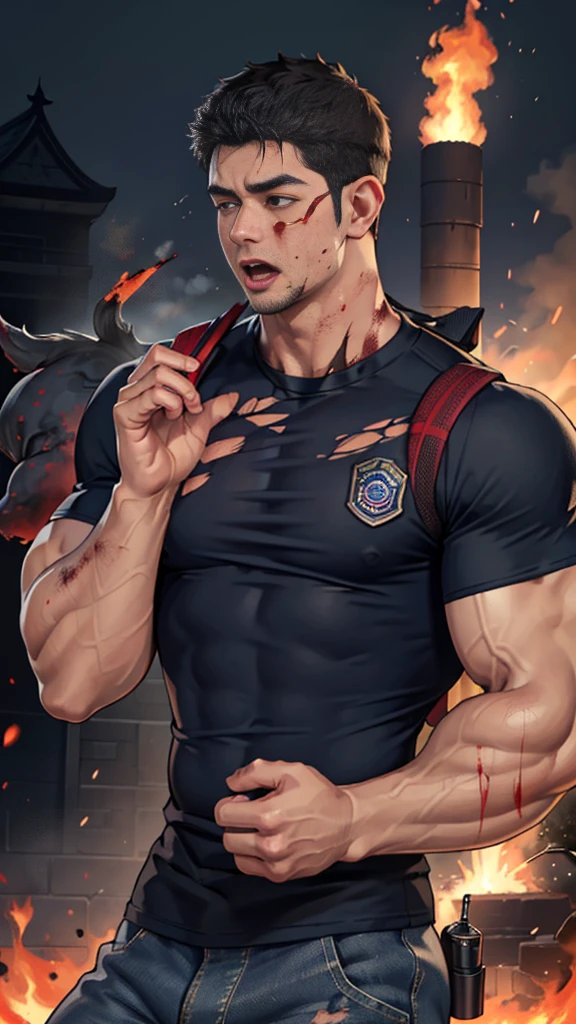 (Create a masterpiece: 1.2),(CGI art:1.3),(realistic:1.5),(After processing:1.3),(Sharp focus:1.3), (man Fight, join in battle:1.5 ), straight, front ,Chris Redfield ,(black hair), smile open mouth, (Wear color navy round neck T-shirt: 1.5), (with a Police badge: 1.2), navy cargo, (Torn shirt:1.6), (wound: 1.3) , (blood splatters) ,( abrasions on face: 1.5), (Blood stains on the face and body: 1.4), Korean guy , korean men, (High gloss details), chest muscles, large arm muscles, blood vessel, Big muscles, Broad shoulders, looking at the audience, Balancing the eyes, middle of the road , (black backpack: 1.3) ,(Fire blazes behind) ,(open mouth:1.6)